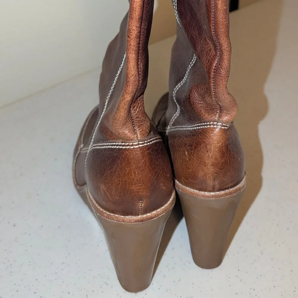 Michael Kors Vintage Leather Brown Wedge Pull On Boots Sz 7 - Picture 4 of 9
